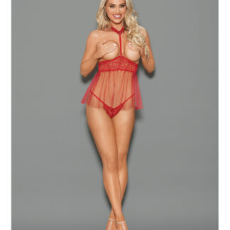 Euphoria Open Top Choker Attached Babydoll w/Open Crotch Panty Red O/S