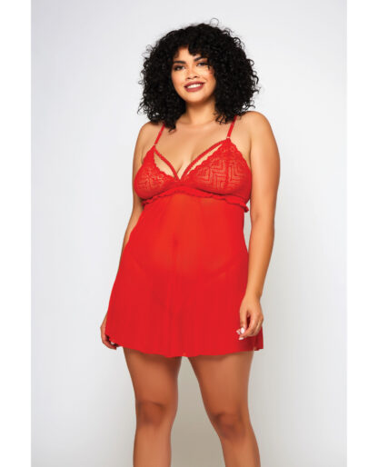 Galloon Lace & Fine Mesh Babydoll & G-String Red 2X
