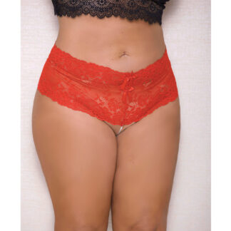 '=Lace & Pearl Boyshort w/Satin Bow Accents Red 1X/2X