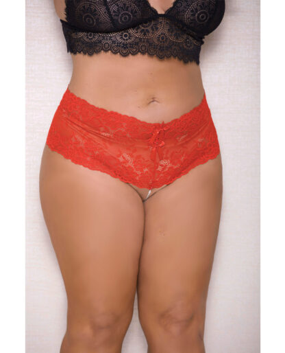 '=Lace & Pearl Boyshort w/Satin Bow Accents Red 1X/2X