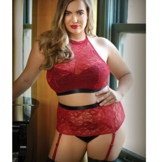 Curve Aria Lace Halter Top & High Waist Panty Red 1X/2X