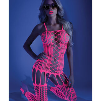 Glow Black Light Criss Cross Paneled Bodystocking Neon Pink O/S