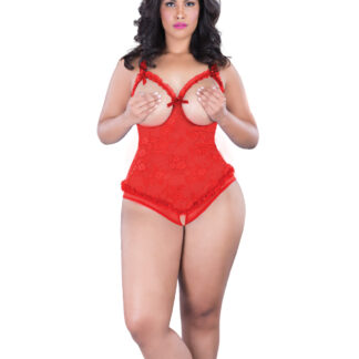 Lace Open Cup & Crotchless Teddy Red QN