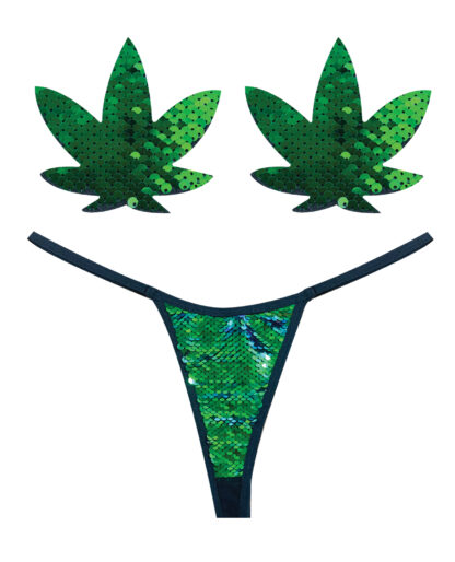 Neva Nude Naughty Knix Weed Leaf Sequin G-String & Pasties - Green  O/S